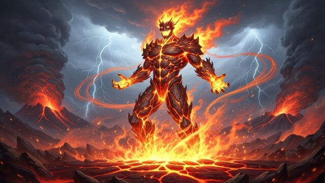 Powerful Fire Elemental Creature Rises from Volcanic Eruption Amidst Stormy Sky, Lava Flows, and Lightning, Fantasy Art