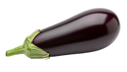 Shiny purple eggplant isolated PNG on transparent background, fresh aubergine vegetable for healthy eating and vegetarian recipes