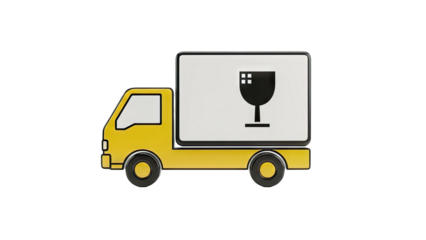 3D Yellow delivery truck with fragile symbol on transparent background