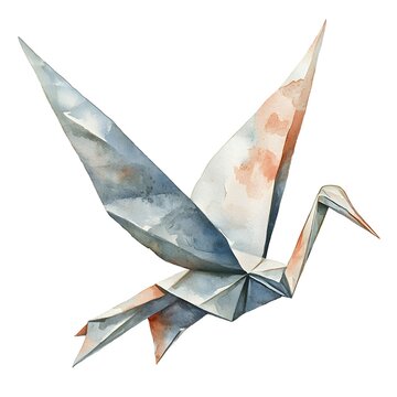 Delicate watercolor illust n of a flying origami crane with soft pastel colors