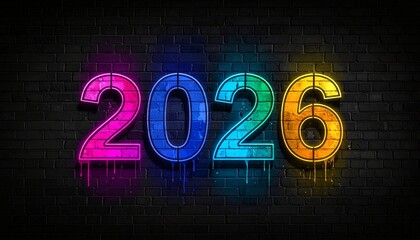 2026  New Year neon sign on brick wall street building