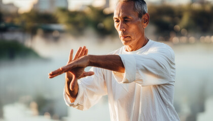Peaceful senior Asian man practicing Tai Chi exercises outdoors at sunrise