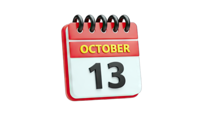 3D October 13th Calendar Icon on transparent background