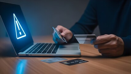 Man holding credit cards with laptop showing warning sign online fraud concept.