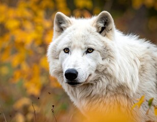 Obraz premium A majestic white wolf peers from autumn foliage, bright eyes visible