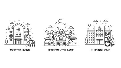A set of senior housing icons in a simple line style, depicting an assisted living facility, a retirement village, and a nursing home.