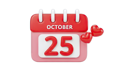 3D October 25th Calendar with Hearts on transparent background