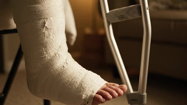 Broken leg in cast beside crutch rehabilitation and injury recovery