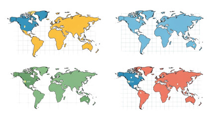 Colorful world maps displayed on a white background