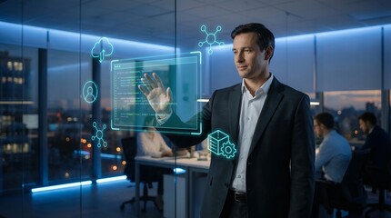Man in Suit Interacting with Futuristic Holographic Interface in Modern Office.