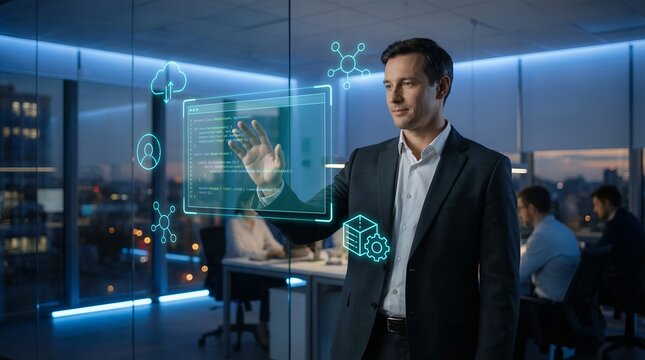 Man in Suit Interacting with Futuristic Holographic Interface in Modern Office. - Powered by Adobe