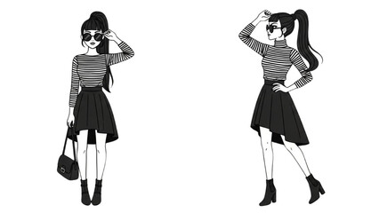 Illustration of a fashionable woman posing with different hairstyles and outfits against a plain white background