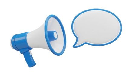 Blue and white megaphone with speech bubble PNG isolated on transparent background, communication and announcement concept