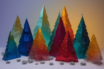 A colorful cartoon illustration of a decorated Christmas tree standing in a snowy city and forest landscape under a starry night sky for a winter holiday celebration card design