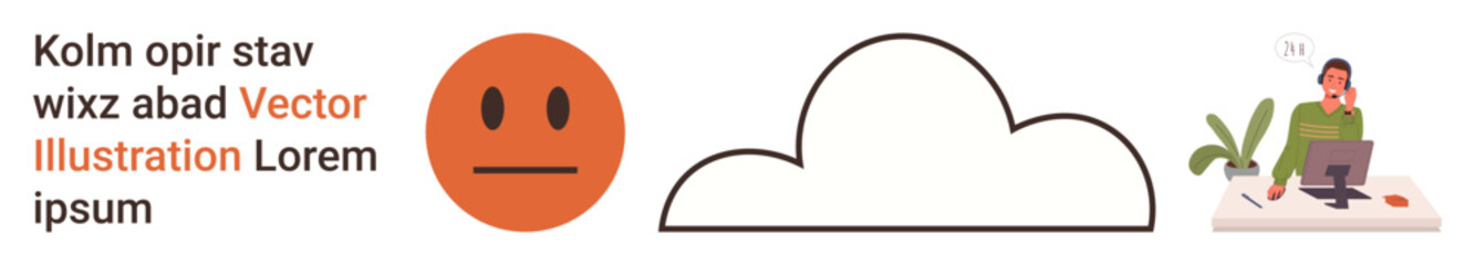 Fototapeta premium Communication, data storage, emotions, remote work, cloud computing, workspace design. Minimalist emoticon, cloud and woman working at desk. Communication and data storage concepts