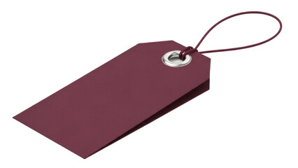 Maroon price tag isolated PNG on transparent background, blank label with silver eyelet and string for retail and product identification