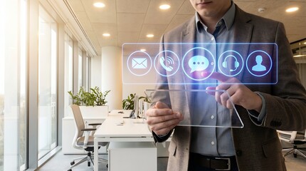 Man Interacting with Futuristic Digital Interface in Modern Office.