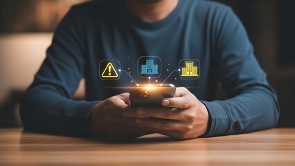 Man using smartphone with digital icons representing data security and network protection.