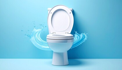 White toilet with open lid against swirling blue and white background