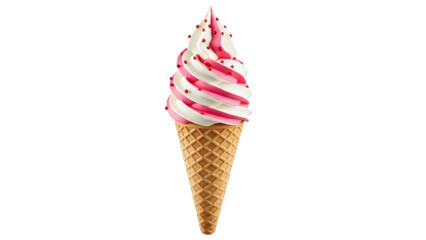 Strawberry and vanilla soft serve ice cream cone isolated PNG, sweet dessert on transparent background for summer treats and party designs