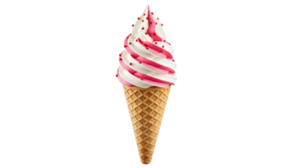 Strawberry and vanilla soft serve ice cream cone isolated PNG, sweet dessert on transparent background for summer treats and party designs