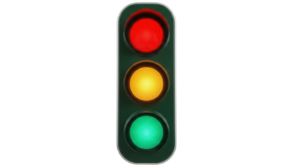 Traffic light with red, yellow, and green lights isolated PNG, road safety signal on transparent background for graphic design