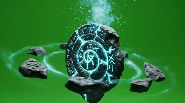 Floating Stone Formation on Green Screen with Glowing Symbols and Particle Effects Magical Ancient Rune Stones with Neon Light