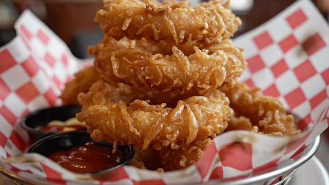Golden fried onion rings stacked high with dips