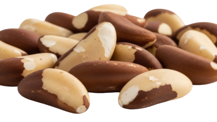 Pile of Brazil nuts isolated PNG on transparent background, healthy snack rich in selenium and antioxidants for nutrition