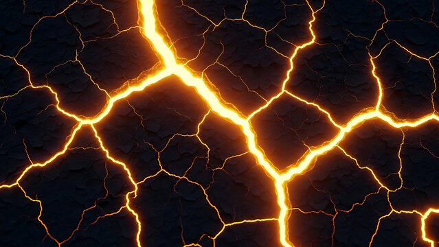 Vibrant orange lightning cracks on dark background with electricity