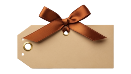 Blank tan gift tag with brown satin ribbon bow isolated PNG, label for presents and merchandise on transparent background