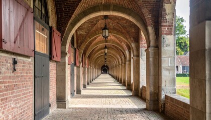 Obraz premium Long corridor with arched ceilings and brick walls, leading to the distance.