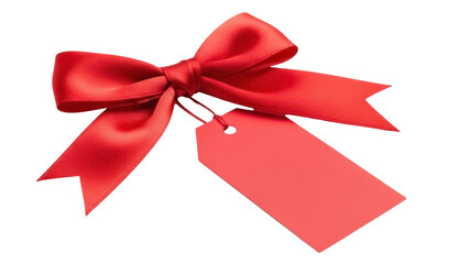 Bright red gift bow with tag PNG isolated on transparent background, festive decoration for Christmas and birthday presents