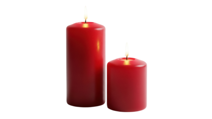 Two red pillar candles with flames isolated PNG, romantic decoration for holidays and special occasions on transparent background