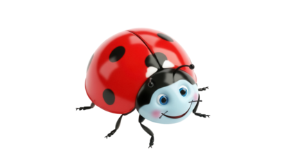 Cartoon ladybug PNG isolated on transparent background, cute red bug with black spots and a smiling face for children s designs