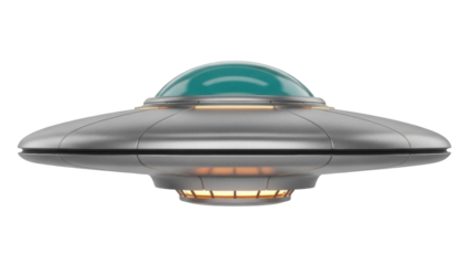 Silver UFO with teal dome isolated PNG on transparent background, flying saucer spaceship for science fiction and space exploration themes