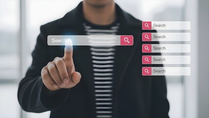 Mans Hand Interacting with Digital Search Bar Interface.