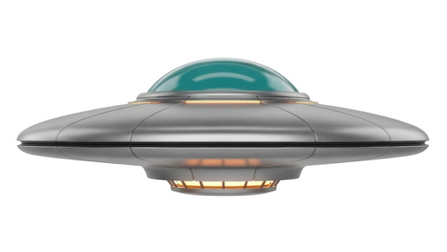 Silver UFO with teal dome isolated PNG on transparent background, flying saucer spaceship for science fiction and space exploration themes
