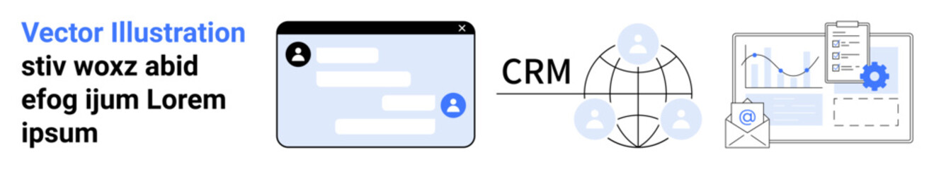 Obraz premium Customer management, automation systems, user interface design, data analytics, network solutions, marketing tools. Interface panel, CRM network email tools. Customer management and automation