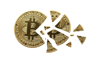 Broken golden Bitcoin coin isolated PNG, cryptocurrency crash concept for financial risk and investment failure on transparent background