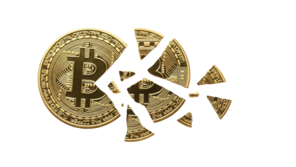 Broken golden Bitcoin coin isolated PNG, cryptocurrency crash concept for financial risk and investment failure on transparent background