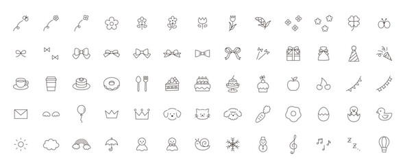 かわいいアイコンセットのベクターイラスト。飾り、花、お菓子、リボン、犬、ひよこ