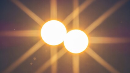 Bright glowing golden orbs emitting radiant light rays, abstract cosmic energy, scientific concept of binary stars, fusion, connection