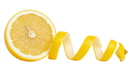 Fresh lemon slice with zest isolated PNG, vibrant yellow citrus fruit for cooking, baking, and refreshing summer drinks on transparent background