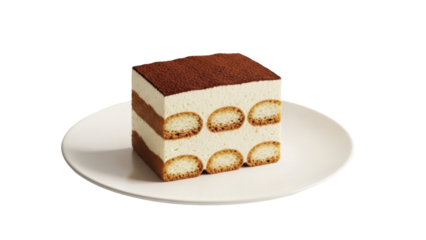 Delicious tiramisu cake isolated PNG on transparent background, traditional Italian dessert with coffee flavor and cocoa powder for patisserie menu