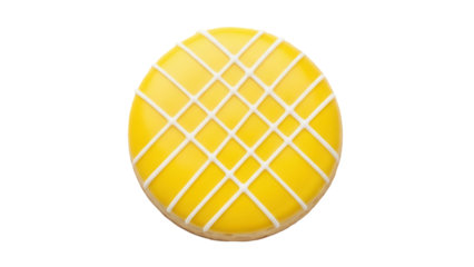 Yellow cookie with white lattice icing isolated PNG, sweet dessert for bakery and confectionery designs on transparent background
