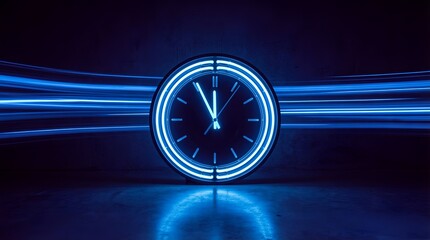 Neon Clock with Blue Light Trails on Dark Background.