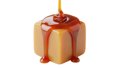 Delicious caramel candy with flowing caramel sauce isolated PNG, sweet dessert on transparent background for confectionery and food design
