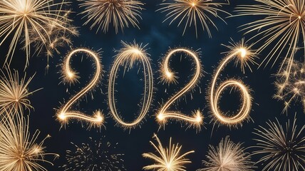 Fireworks Light Up the Sky Celebrating 2026 New Year Festive Moment with Sparkling Golden Numbers on a Dark Night Background
