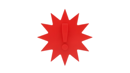Red exclamation mark star isolated PNG on transparent background, attention sign for graphic design and web projects